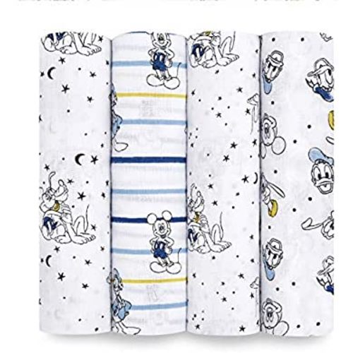 aden + anais Disney, Swaddle Blanket, Boutique Muslin Blankets for Baby Girls and Boys, Newborn Receiving Blanket for Swaddling, 100% Cotton Baby Swaddle Wrap, 4 Pack, Mickey Stargazer
