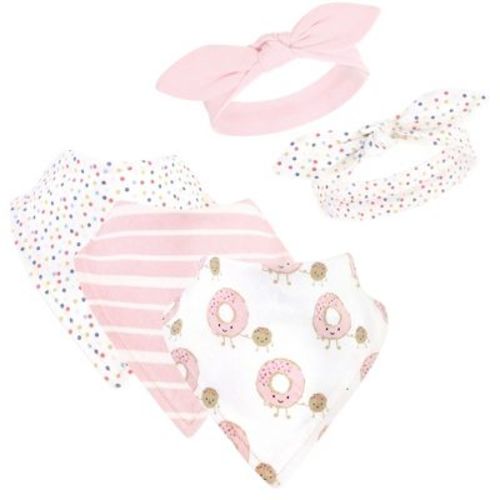Hudson Baby Infant Girl Cotton Bib And Headband Set 5pk, Donut Hole