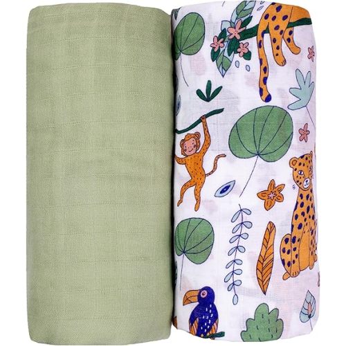 Muslin Swaddle Blankets for Newborn Baby, Buttery Soft and Breathable Receiving Blanket Bamboo Rayon and Cotton Blend, Large Size 47 x 47 Inch, 2 Pack of Green and Jungle Animals