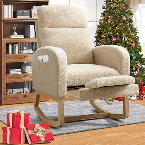Nursery Rocking Chair with Footrest for Living Room,Modern Nursery Glider Rocker Indoor Baby Room,Comfy Lounge Armchair with Solid Wood Legs Side Pocket High Back Teddy Fabric,Beige
