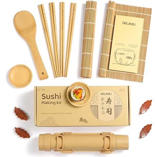 Delamu Sushi Making Kit, [Easy] Sushi Kit for Beginners/Pros Sushi Makers, Practical Bamboo Sushi Mats, Sushi Bazooka, Chopsticks, Guide & More