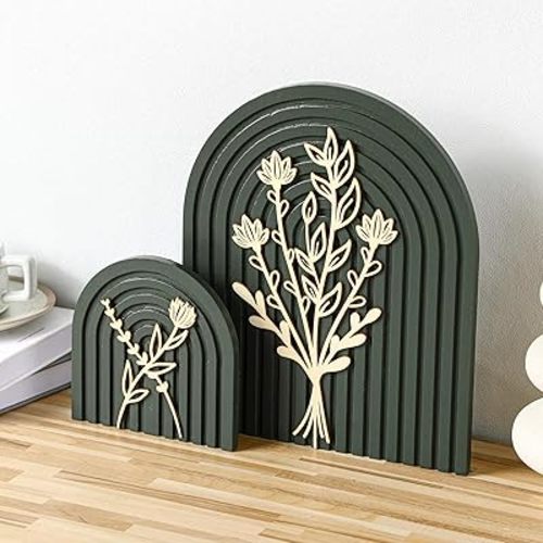 Cinnvoice Set of 2 Wood Rainbow Arch Boho Decor for Wall Shelf Mantel Counter Table Floral Mid Century Home Decor for Living Room Kitchen Bedroom Nursery
