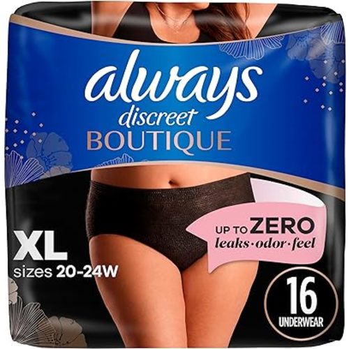 Always Discreet Boutique Incontinence and Postpartum Underwear for Women, Maximum Protection, XL, Black, 16 Count