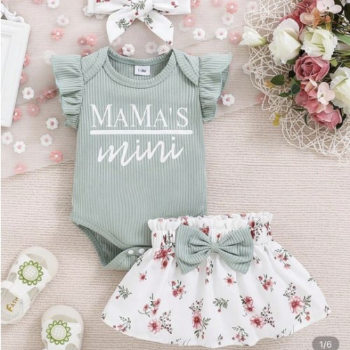 Spring Newborn Baby Girl Letter Printed Ruffle Armhole Romper And Flower Printed Skirt Outfit