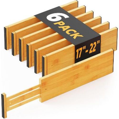 Set of 6 Bamboo Dresser Drawer Dividers: Adjustable from 17” to 22”, 4.66” High, Natural