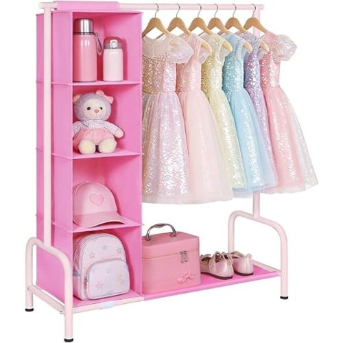 Univivi Kids Clothing Rack with Hanging Organizer, Short Toddler Dress Up Storage Rack for Baby Clothes, Dance Costumes, Kids Wardrobe Closet for Hanging Clothes, Pink