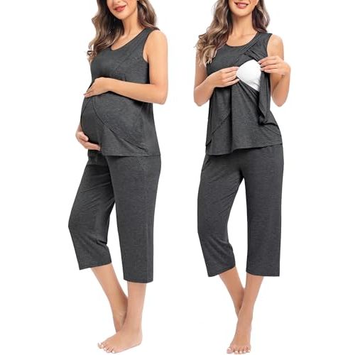 SWOMOG Women Maternity Pajama Set Nursing Pjs Double Layer Sleeveless Top Capri Pregnancy Set Breastfeeding Pjs with Pockets