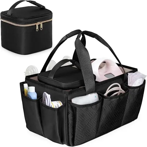 Fasrom Breast Pump Caddy Organizer Bag Pumping Tote Bag Baby Diaper Storage Basket Black