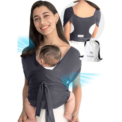 Konny New and Improved Baby Carrier Flex AirMesh Premium Material- Summer Adjustable, Easy to Wear and Wrap Baby Sling, Perfect for Newborn Babies Essentials up to 44 lbs(XS-XL) - Charcoal