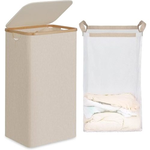 efluky 26 Gal Laundry Basket with Lid and Net Bag, Tall Laundry Hamper with Bamboo Handles, Aesthetic Dirty Clothes Bin for Laundry Room, Bathroom, Bedroom and Dorm, Oatmeal