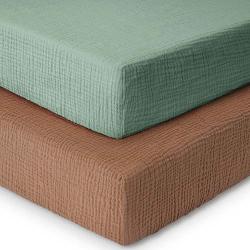 Yoofoss Muslin Crib Sheets for Boys Girls 100% Cotton Fitted Baby Crib Sheet 2 Pack Soft and Breathable for Standard Crib Mattress & Toddler Mattress 52"x28" Green & Brown