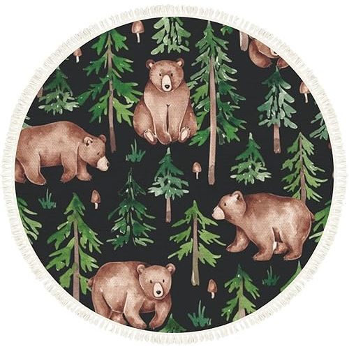 Woodland Animal Rug Round Rugs Forest Seamless Pattern Hand Drawn Watercolor Boho Area Rug Linen and Cotton Carpet Meditation Rug Washable Hallway Runner Mat Accent Rug for Bedroom Nursery 4ft
