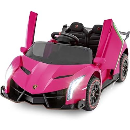 OLAKIDS 2 Seater Kids Ride On Car, 12V 4WD Licensed Lamborghini Veneno Electric Vehicle with Remote Control, Toddlers Battery Powered Toy Gift with 2 Speeds, Rocking Mode, Music, USB, MP3 (Pink)