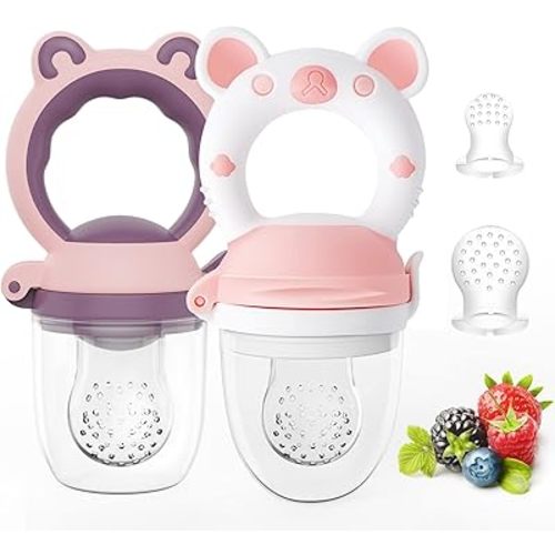 Baby Solids/Frozen Fruit Feeder Pacifier, Infant Teether Toy 4M+, BPA-Free Silicone Pouch & Nipple, Safely Introduce Solids, Teething Relief, 2-Pack (Bear - Purple Pink White, S/M/L)