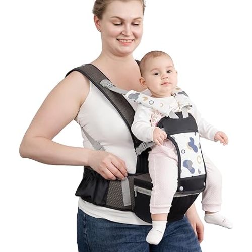 Baby Carrier with Hip Seat for Newborn to Toddler, 6-in-1 Ergonomic Infant Carrier for 0-36 Month Baby, All Positions Soft Breathable Mesh Wrap Carrier with Waist Stool, Baby Holder-Grey Print