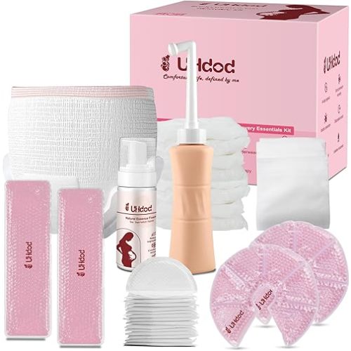 UHdod Postpartum Essentials Recovery Kit, Postpartum Kit for Women After Birth Labor Delivery Postpartum Care Kit, Disposable Underwear Cold Pads Cooling Foam Peri Bottle Nursing Pads Breast Ice Packs