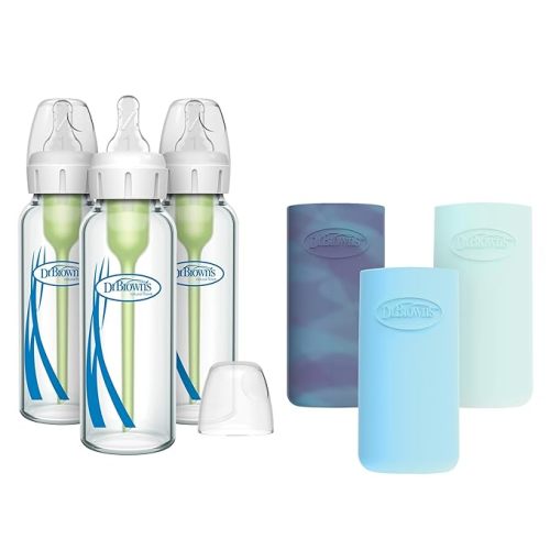 Dr. Brown's Natural Flow Anti-Colic Options+ Narrow Glass Baby Bottle, 8 oz/250 mL, with Silicone Bottle Sleeve, 3 Pack, Glow/Blue/Mint