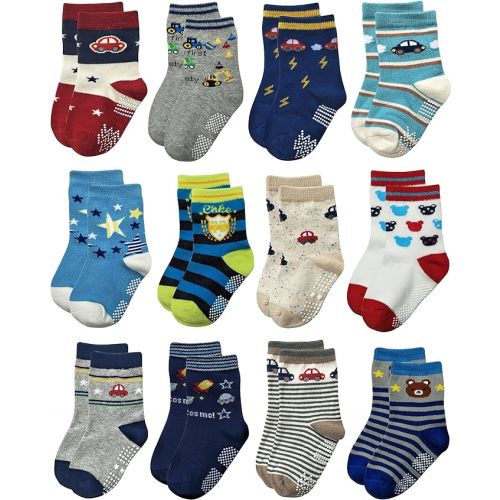 RATIVE Non Skid Anti Slip Crew Socks With Grips for Baby Infant Toddlers Kids Boys