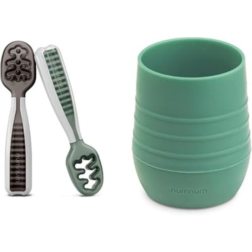 NumNum Bundle of 2 Baby Spoons for Kids Aged 6+ Months - First Stage, Baby Led Weaning (BLW) Cup for Ages 4+ months - 2oz Non-Slip