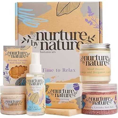 Nurture by Nature RELAX & CALM Spa Kit - Mothers Day Gift - Spa Gift Baskets For Women, Complete Bath Sets for Women Gift - Lavender Pillow Mist, Bath Salts, Bath Bomb - Self Care Gift Basket