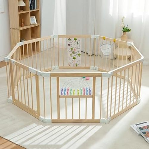 Baby Playpen - Adjustable Multi-Shape Wooden Play Yard, Portable Collapsible Activity Center with Baby Fence Play Area & Toys for Infants, Toddlers (54x54x24inch