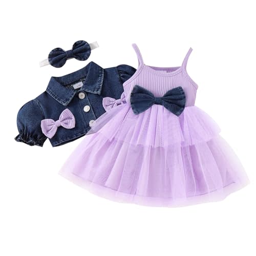 FOCICI Baby Girl Tulle Dress Sleeveless + Puff Sleeve Denim Jacket + Headband Toddler Summer Outfits 3PC Set 3-24 Months