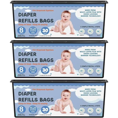 Diaper Pail Refills Bags with 30 Bags Compatible with Genie Easy Roll Signature Diaper Pails and Platinum Diaper Pails, Lasts Up to 8 Months, 7-Layer Odor-Barrier Technology, 3 Pack (90 Bags)