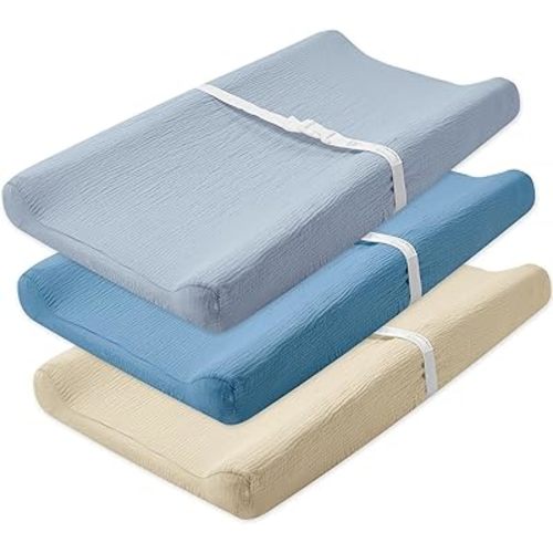 3 Pack Muslin Changing Pad Cover, Solid Changing Table Pad Cover, Soft Breathable Double Layer Boho Changing Pad Sheets Fit for Standard Changing Pad 16" x 32" (Dusty Blue & Grey & Cream)