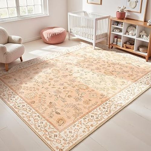 Peach Nursery Rug, 5x7 Floral Washable Area Rug Non Slip, Boho Low Pile Carpet with Rubber Backing for Bedroom Living Room Bathroom Playroom Entryway Office