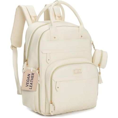 BabbleRoo Leather Diaper Bag Backpack - Baby Essentials Travel Baby Bag, Multi function, Water Resistant, with Changing Pad, Stroller Straps & Pacifier Case – Unisex, Eggshell White