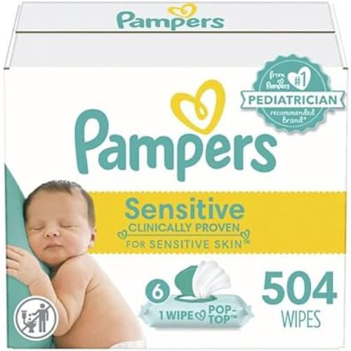 Pampers Sensitive Baby Wipes, Water Based, Hypoallergenic and Unscented, 6 Flip-Top Packs (504 Wipes Total)