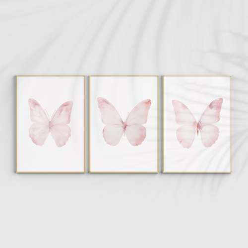 Pink Butterfly Art, Nursery Artwork, Baby Girl Nursery Decor, Kids Room Wall decor, set of 3