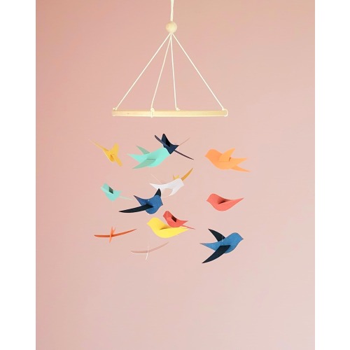15 birds baby mobile in recycled paper - Ecological and poetic decoration for a child's bedroom