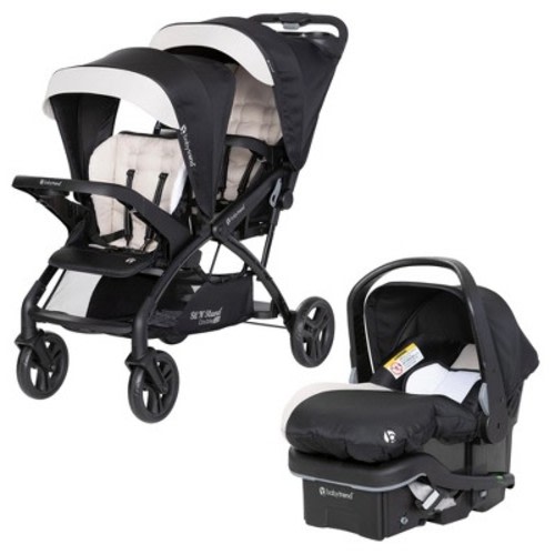 Baby Trend Sit N' Stand Double Stroller 2.0 DLX with 5 Point Safety Harness and EZ-Lift Plus Lightweight Infant Car Seat with Cozy Cover, Modern Khaki