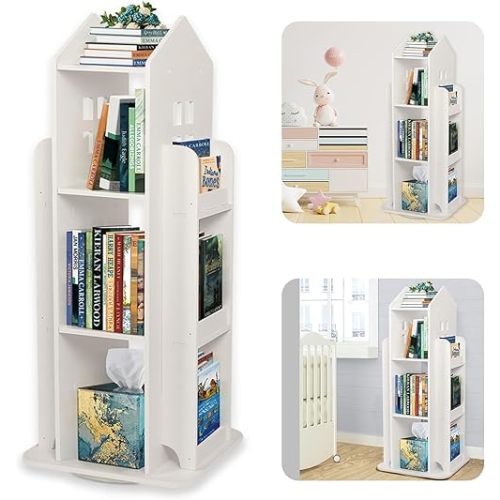 GOOFCXO Kids 360° Rotating Bookshelf, Floor-Standing Revolving Bookcase, House Shape Multi-Functional Storage Organizer Display for Kids Bedroom Study Living Room, 16.14x16.14x37.4inch, White