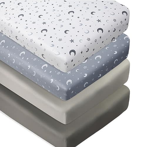 FIGEPO 4 Pack Crib Sheets Star and Moon Neutral Unisex Baby Mattress Cover Fitted Crib Sheets Set for Baby Boys or Girls Moon