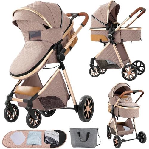 2 in 1 Baby Stroller, Convertible Bassinet Pushchair with Mommy Bag, Seat Cushion, Mosquito net, Cold Mat, Rain Cover, Foot Rest as Gifts for Infants and Newborns 0-36 Months (Khaki)