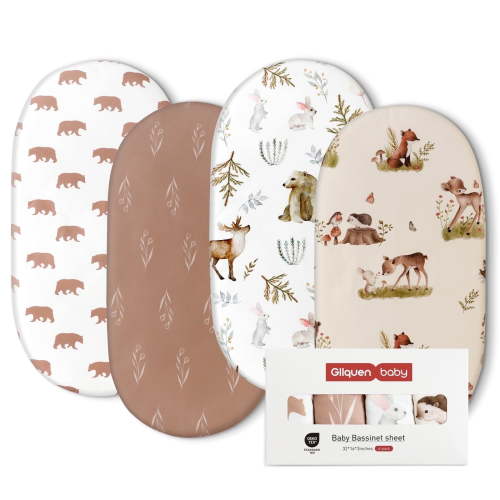 Gllquen Premium Bassinet Bed Sheets Set, 4 Pack for Newborn Girls, Infants & Toddlers, Bears & Deers Design