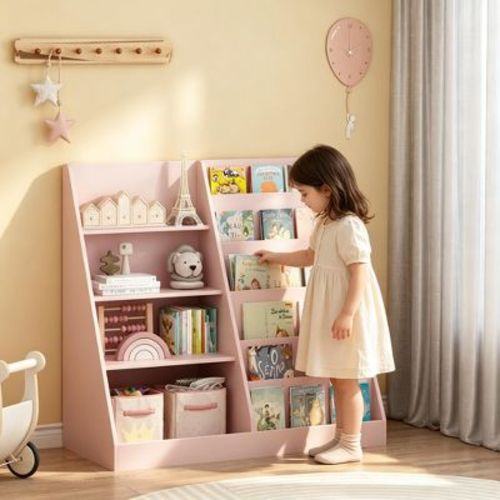 Wood Kids Bookshelf Toddler Toy Storage Organizer Bookcase Display Stand for Kids Room, Playroom, Nursery, Pink - ModernLuxe