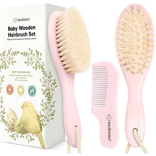 Baby Hair Brush and Comb Set for Newborn - Wooden Baby Hair Brush Set with Soft Goat Bristle, Baby Brush Set for Newborns, Baby Brush and Comb Set Girl, Boy, Toddler Cradle Cap Brush (Oval, Blush)