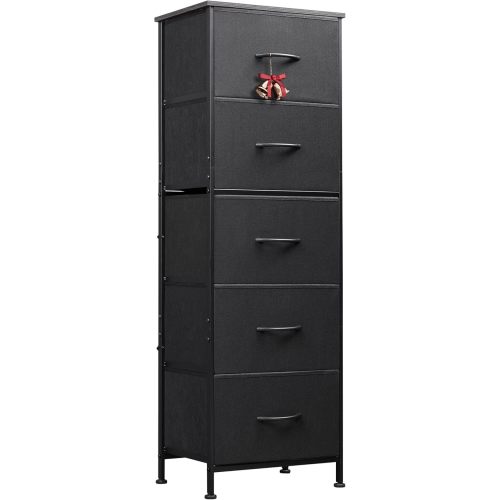 WLIVE Fabric Dresser, 5-Drawer Tall Dresser for Bedroom, Storage Dresser Organizer with Fabric Bins, Wood Top, Sturdy Steel Frame, Chest of Drawers for Closet, Hallway, Charcoal Black