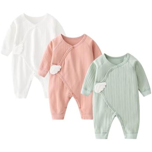 Newborn Baby Romper - Unisex Cotton Bodysuit for Infant Baby Boys Girls 3 Pack Long Sleeve Button Solid Jumpsuits