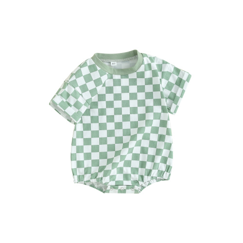 Infant Baby Boy Girl Summer Clothes Checkered Bubble Romper Oversized Short Sleeve Romper Summer Outfit