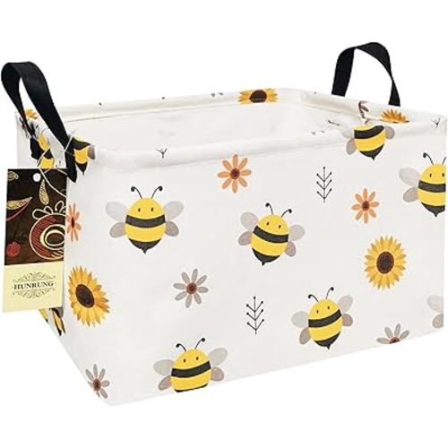 HUNRUNG Rectangle Canvas Storage Basket Foldable Waterproof Toy Organizer Bin with Handles Fabric Collapsible Storage Bins for Shelves Kids Room Playroom Nursery Clothes and Pet Supplies(REC-Bee)