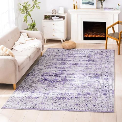 Carvapet 5x7 Large Purple Rugs for Living Room Bedroom, Washable Lavender Vintage Low Pile Carpet Floral with Rubber Backing, Foldable, Non Slip Thin Area Rug