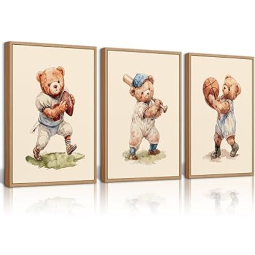 Lhoiplme Nursery Teddy Bear Wall Art Decor Boy Vintage Canvas Pictures Nursery Sports Prints Baby Boy Room Decor Kids Animal Poster Bear Artwork for Bedroom Playroom 12x16 Inch Set of 3 Unframed
