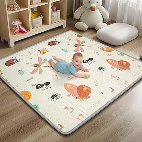 Foldable Baby Play Mat - PIGLOG 0.6inch Thick Waterproof Playpen Mat for Babies and Toddlers Kids, 50X50 Safe Foam Playmat for Tummy Time, Reversible Portable Baby Floor Mat for Infant, Dragonfly