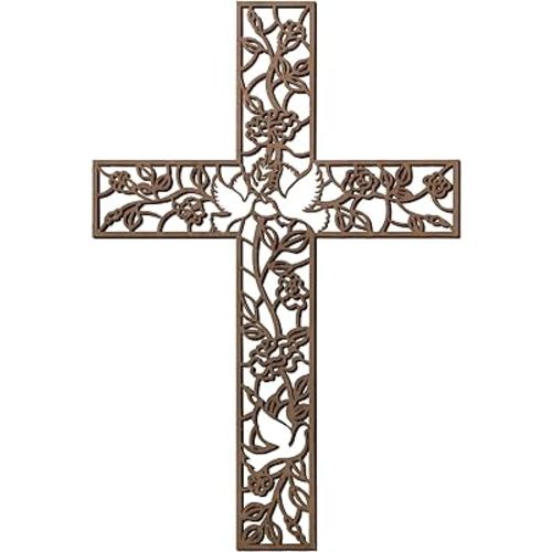 Wooden Wall Hanging Cross Flower Pigeon Religious Home Living Room Decor Rustic Wooden Cross Decorative Wall Crosses for Home Decor Hanging Wall Cross