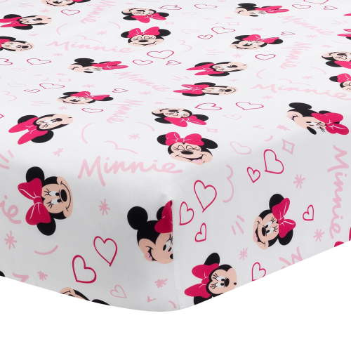 Lambs & Ivy Disney Baby Minnie Mouse Love Crib Sheet, White/Pink Heart Design, Fitted Mattress Bedding