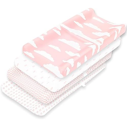 Premium Baby Changing Pad Covers 4 Pack – Girl – Pure Cotton Machine Washable Pink and White Changing Table Cover – Diaper Changing Pad Cover Sheets